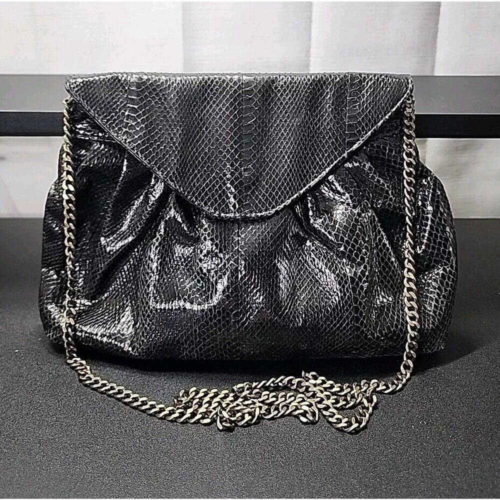Vintage Beirn Snakeskin Clutch Purse Black Metal Chain Shoulder Strap Crossbody